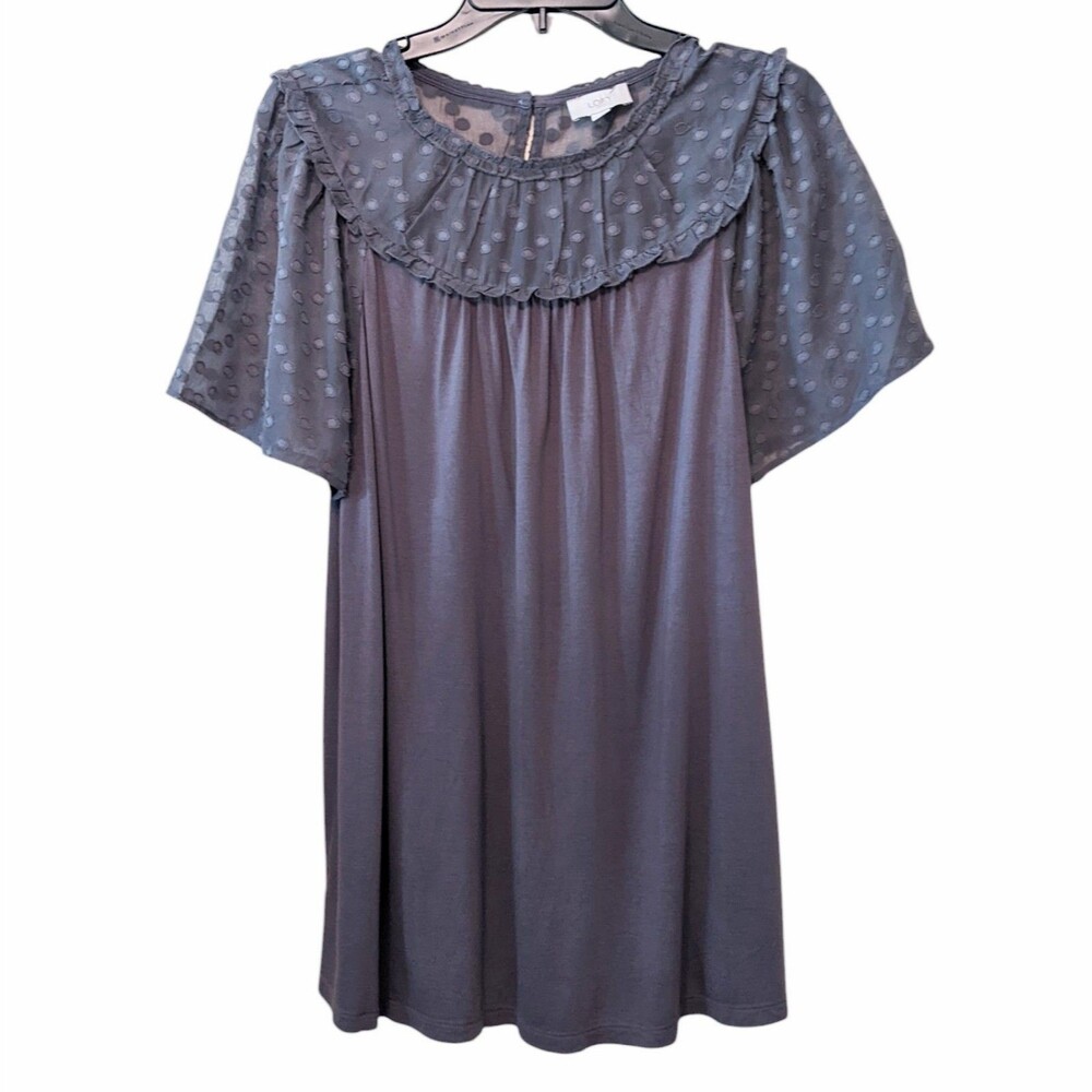 LOFT Blouse Slate Gray Short Sheer Sleeve Top Dots Babydoll L